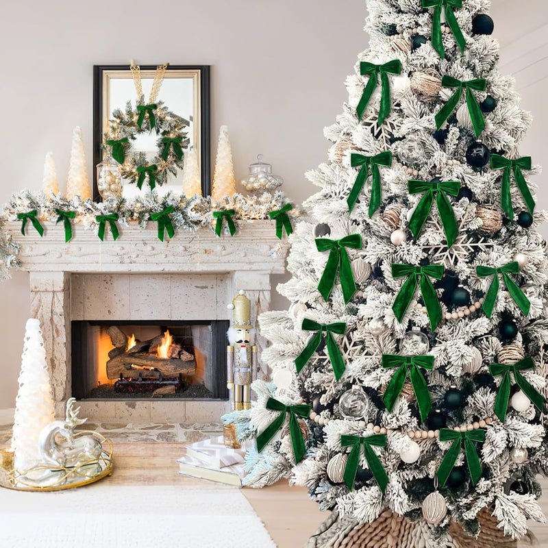 Zesua Christmas Decorations - Christmas Bows - 24 Pcs 7 x 6 inch Medium Green Velvet Bows for Christmas Tree - Xmas Ribbon Ornaments - Home Decor for Wreath Garland Gift Wrapping Crafts Wedding Party - Image 5